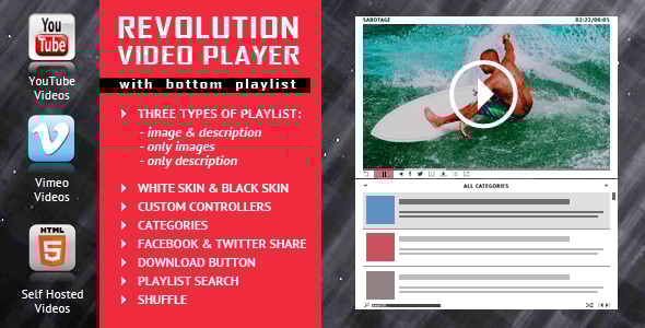 Revolution Video Player With Bottom Playlist - YouTube/Vimeo/Self-Hosted Support
